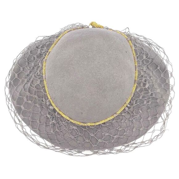Vintage 1940s New York Creation Mushroom Veil Hat Gray Felted Wool Gold Trim - Picture 10 of 16